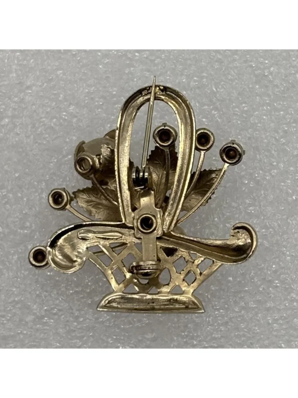 Vintage Basket of Roses Brooch Pin Polished Etched Gold Tone Rhinestone Unsigned